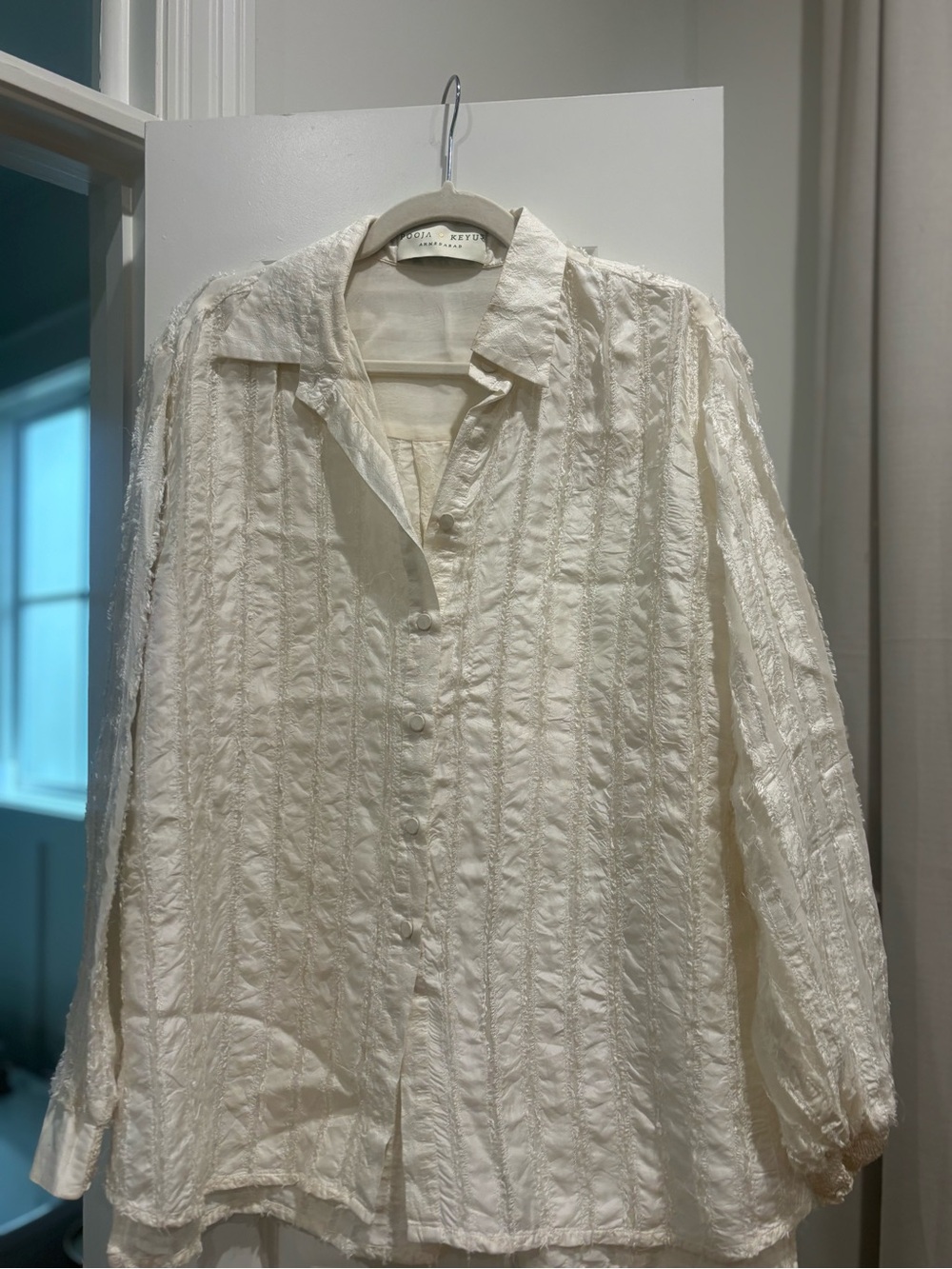 Textured Button-Front Cream Blouse